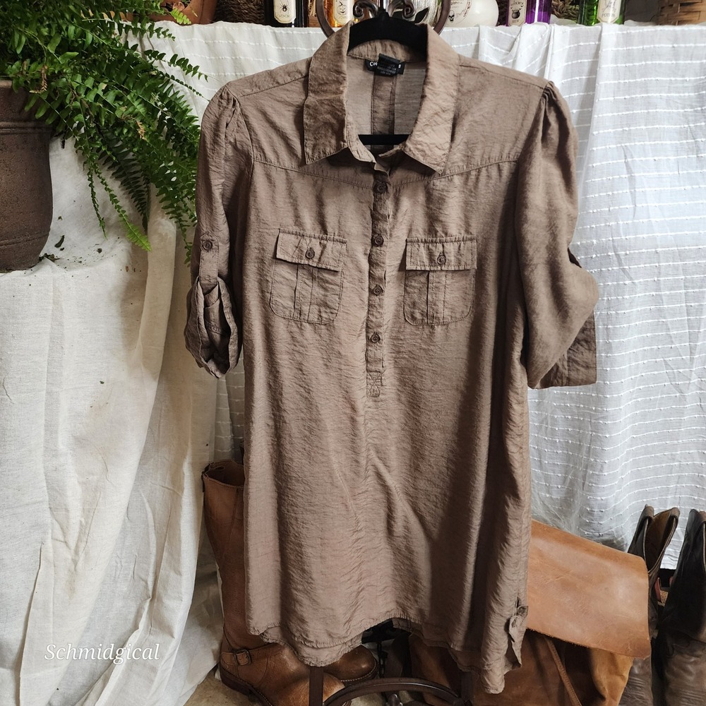 Cotton Express Women Taupe Brown Utility Tunic Roll Tab Sleeve Button Back Top M